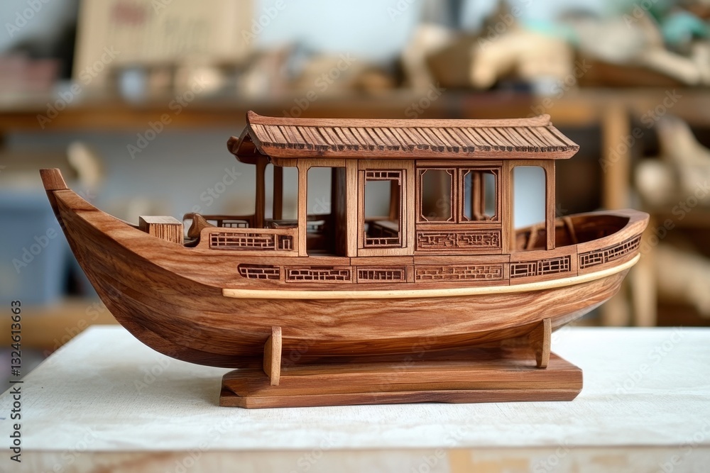 Obraz premium Handmade wooden boat from Zhujiajiao Village showcasing intricate craftsmanship, Handmade wooden Chinese boat Zhujiajiao Village Shanghai