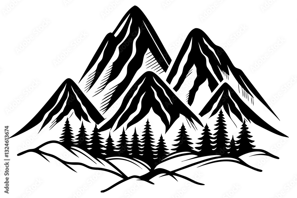 mountain icon vector silhouette with Christmas tree