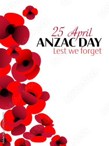 Anzac day vector vertical poster with poppy flowers spread on white background
