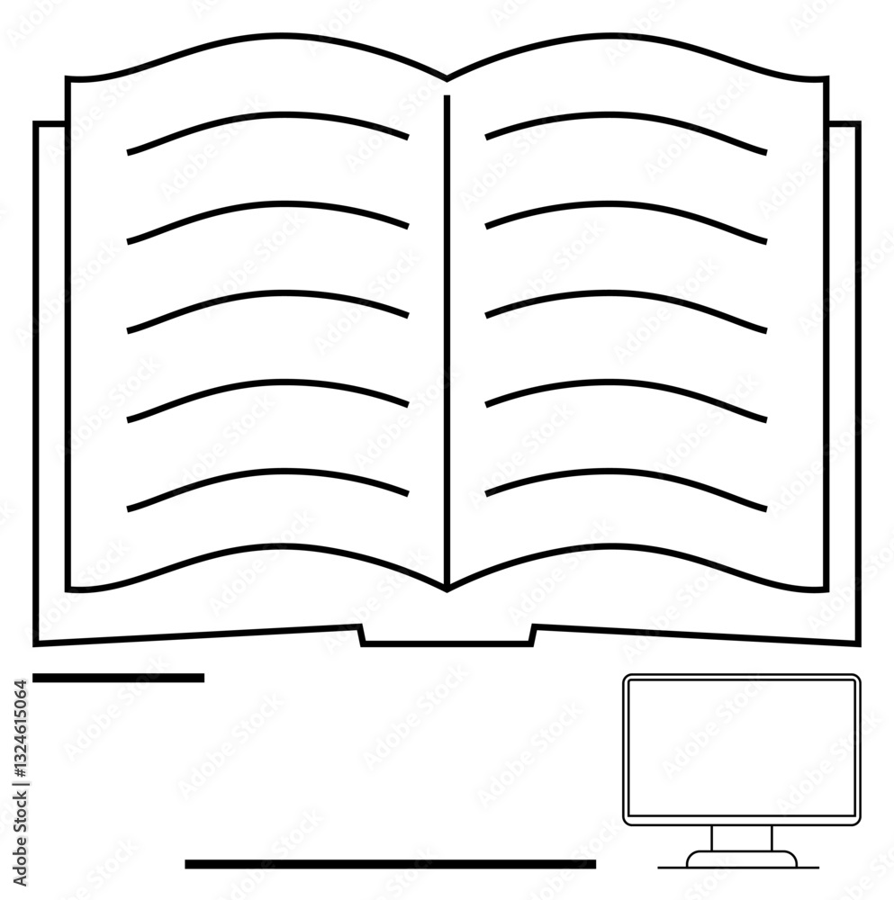 Open book with visible text lines and desktop monitor conveying traditional and digital education themes. Ideal for study, technology, reading, online learning, training, research, knowledge, flat Open book with visible text lines and desktop monitor conveying traditional and digital education themes. Ideal for study, technology, reading, online learning, training, research, knowledge, flat