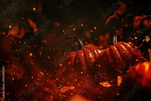 Halloween festival without text on Red and Black: A fiery color combination featuring spooky pumpkins and an abstract backdrop., 3D shapes, octane render, high detail, 