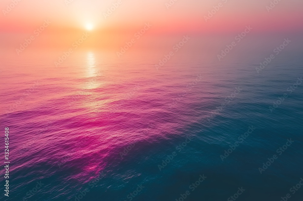Obraz premium Vibrant Pink and Teal Ocean Sunset Seascape Aerial View Peaceful Water at Golden Hour