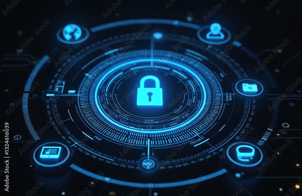 Cybersecurity concept graphic with glowing lock. Digital interface with internet safety, protection, encryption. Abstract hi-tech background illustrates data security, online privacy, secure Cybersecurity concept graphic with glowing lock. Digital interface with internet safety, protection, encryption. Abstract hi-tech background illustrates data security, online privacy, secure