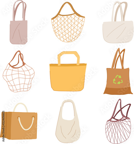 reusable grocery bag set cartoon vector illustration