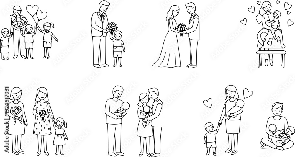 Naklejka premium Contours of people, parents with children, wedding, birth of child, the first steps of child, love. Vector illustration 