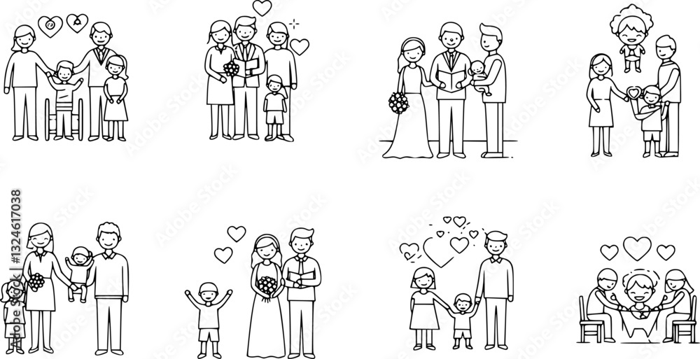 Contours of people, parents with children, wedding, birth of child, the first steps of child, love. Vector illustration
Contours of people, parents with children, wedding, birth of child, the first steps of child, love. Vector illustration