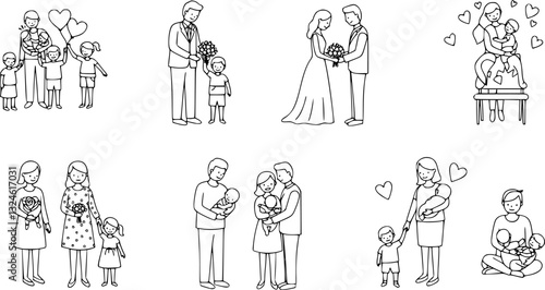 Contours of people, parents with children, wedding, birth of child, the first steps of child, love. Vector illustration
