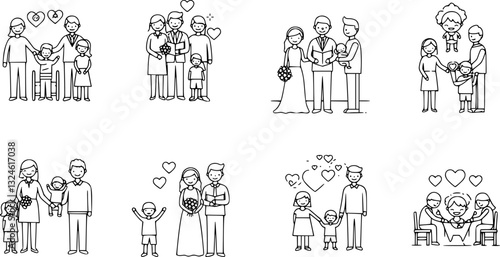 Contours of people, parents with children, wedding, birth of child, the first steps of child, love. Vector illustration
