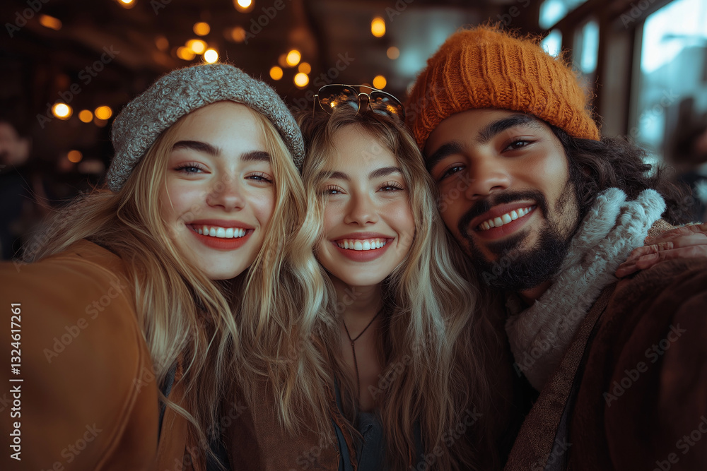 Photo lifestyle joyeuse d’un groupe d’amis multiculturels souriants en hiver, portant des bonnets et des vêtements chauds, sous des lumières festives et chaleureuses Photo lifestyle joyeuse d’un groupe d’amis multiculturels souriants en hiver, portant des bonnets et des vêtements chauds, sous des lumières festives et chaleureuses