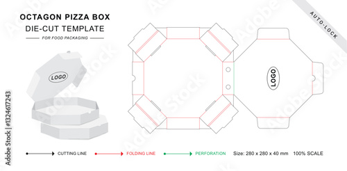 Octagon Pizza box die cut template with 3D blank vector mockup for food packaging