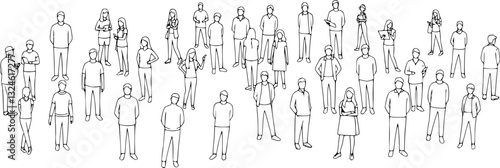 Large group of people standing in different positions, full length, contours. Vector illustration
