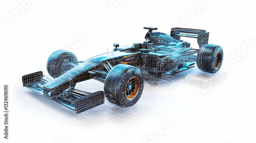 Blue Abstract Pixelated 3D Model Race Car With Orange Wheels on White Background With Reflection