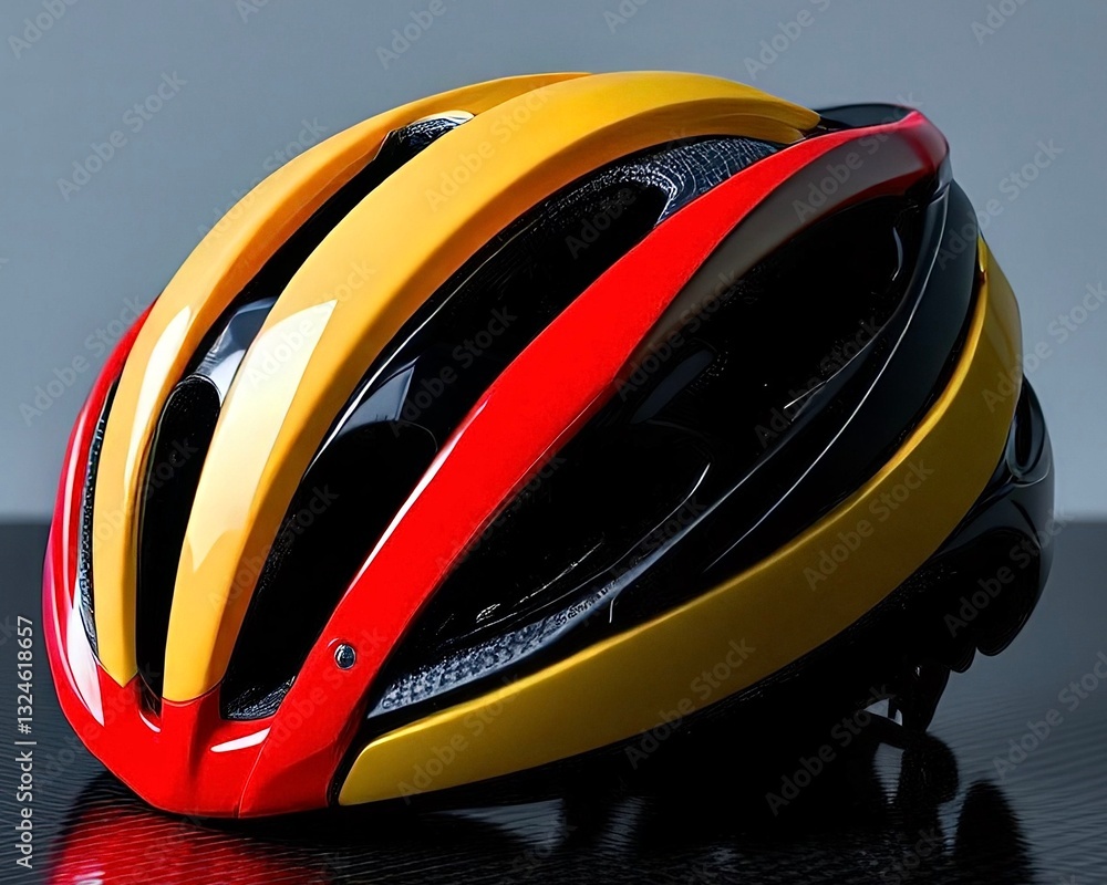 Fototapeta premium International Day of Sport. A yellow, red, and black aerodynamic bicycle helmet with ventilation holes is displayed on a carbon fiber surface, suggesting safety and performance in cycling