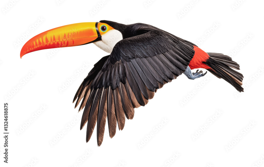 Naklejka premium Colorful toucan in mid-flight with orange beak and black feathers, cut out
