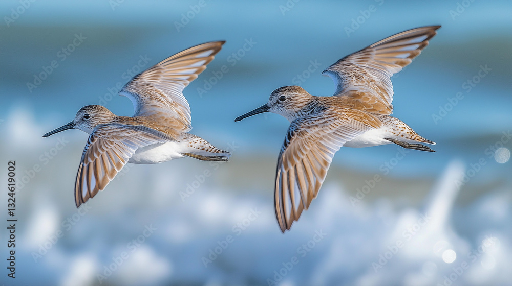 Obraz premium Pair of sandpipers flying above calm ocean shore with soft waves