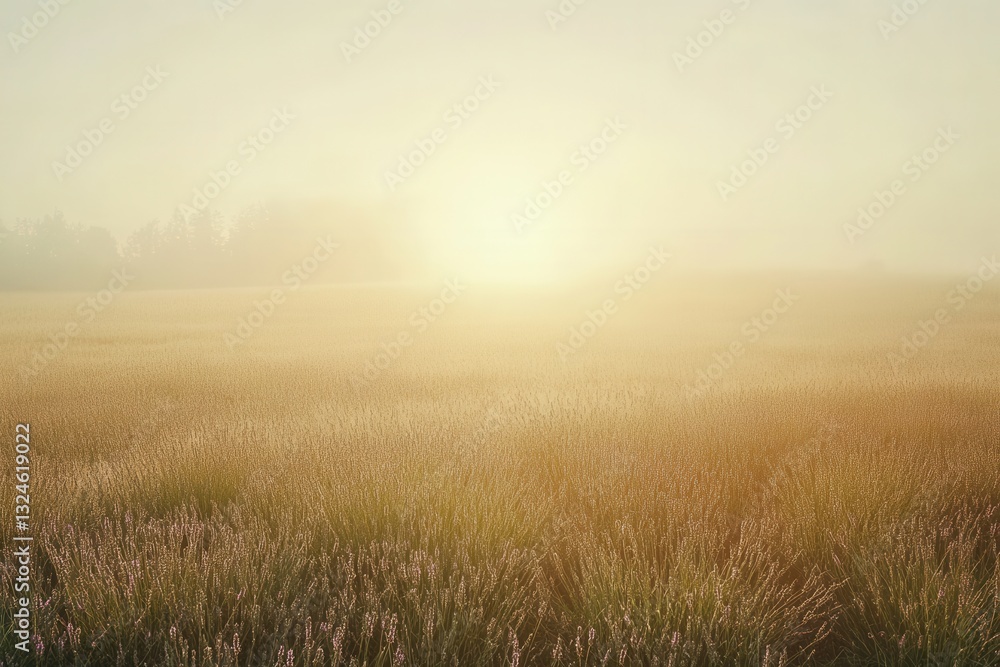 Beautiful lavender field at sunrise with soft mist and delicate golden light creating a tranquil atmosphere Beautiful lavender field at sunrise with soft mist and delicate golden light creating a tranquil atmosphere
