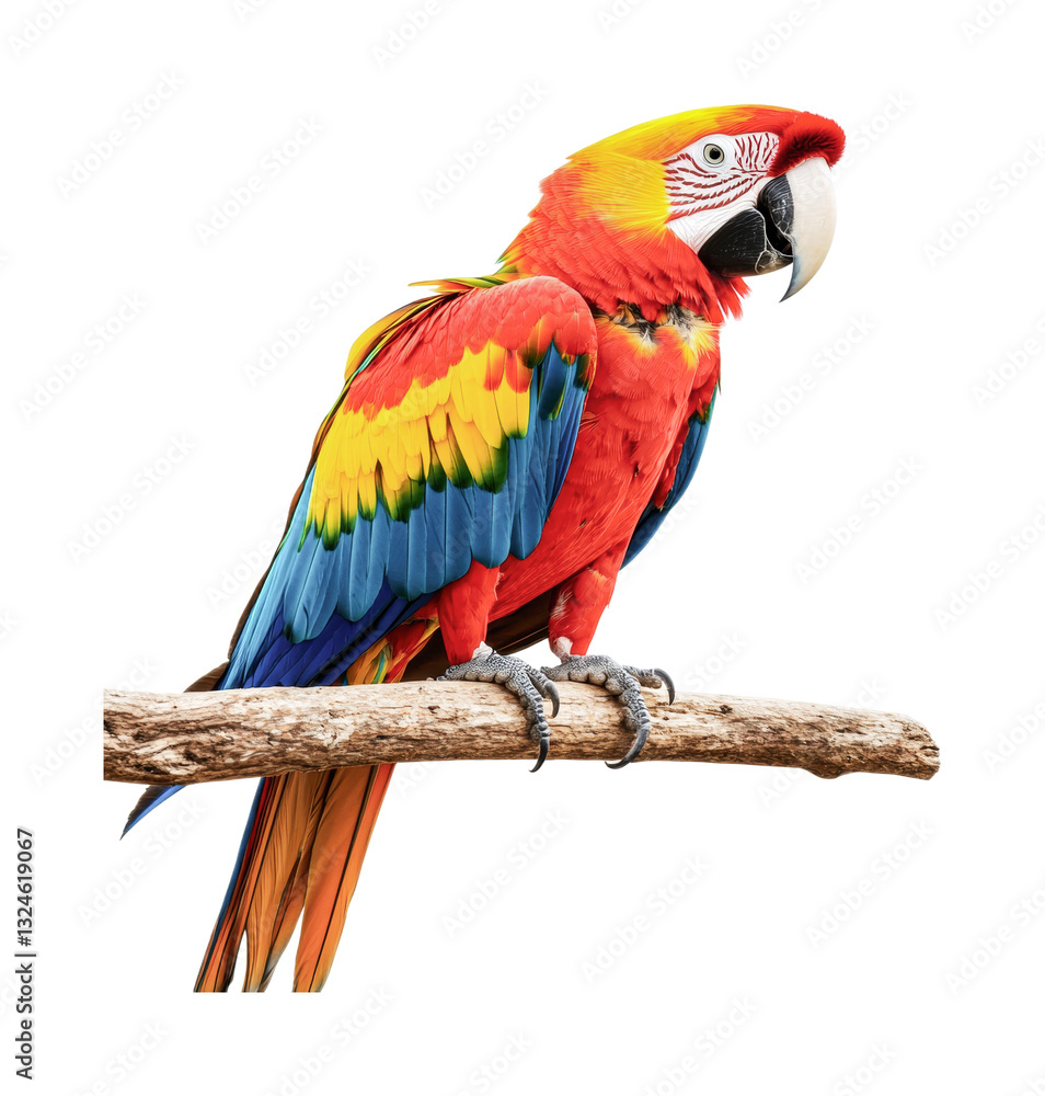 Fototapeta premium Vibrant scarlet macaw with colorful feathers perched on branch, cut out
