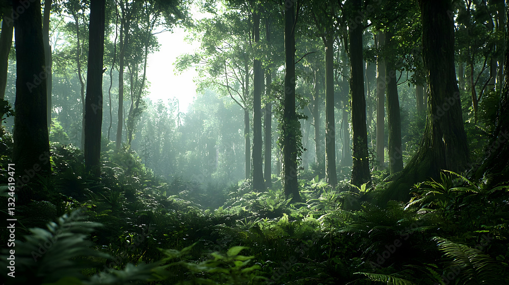 Obraz premium Lush Green Forest Scene With Sunlight Streaming Through The Trees Creating A Bright And Atmospheric Environment