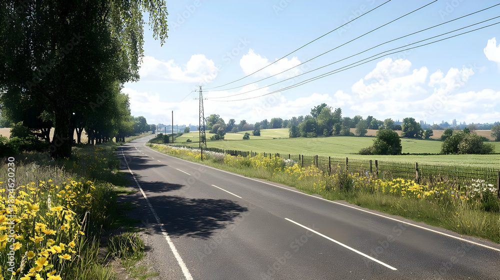 Fototapeta premium Asphalt Road Through Lush Green Countryside Under Clear Blue Sky With Trees and Fields During Daylight