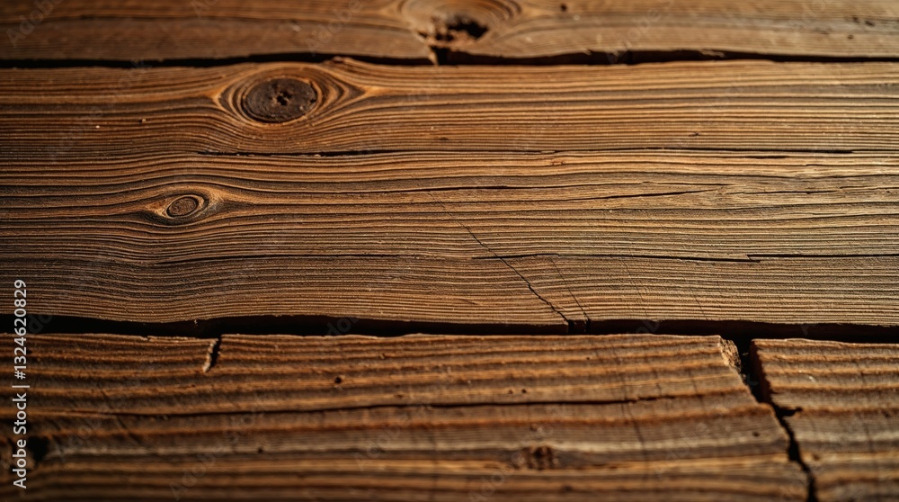 Fototapeta premium Close-up of aged wooden planks with deep cracks, rich grain texture, and warm sunlight