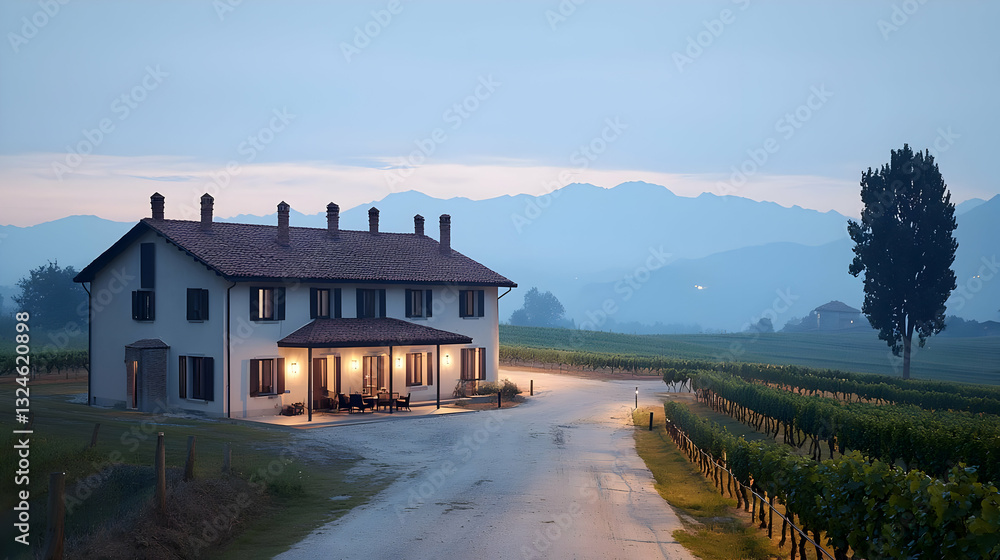 Stone Farmhouse with Vineyard and Rolling Hills in the Evening Under a Dramatic Sky Stone Farmhouse with Vineyard and Rolling Hills in the Evening Under a Dramatic Sky