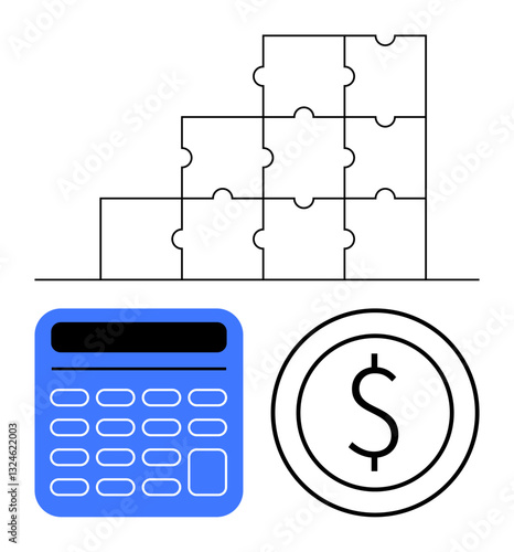 Stacked puzzle pieces with blue calculator and dollar coin symbol represent financial planning, calculation, budgeting, analysis, problem-solving, success strategies, and teamwork in flat simple
