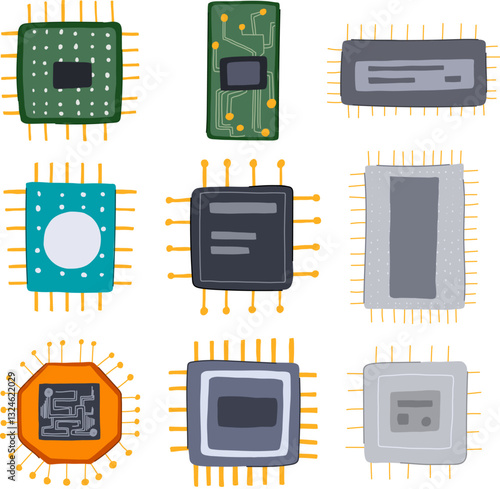 microchip set cartoon vector illustration