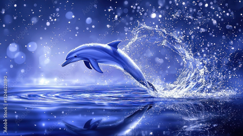 Fototapeta premium Dolphin leaping from ocean, splashing water, night scene.