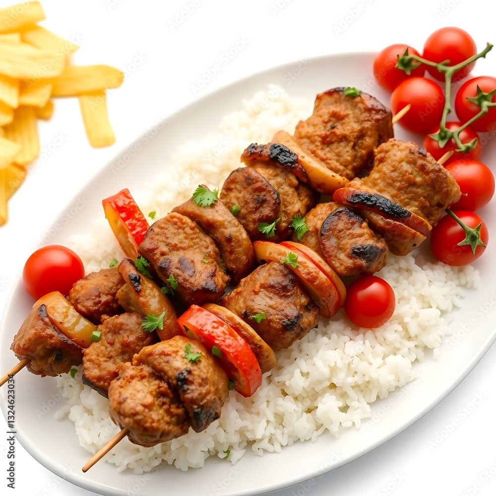 Overhead shot of Kabab Biryani on white plate. Isolated on white with clipping path Overhead shot of Kabab Biryani on white plate. Isolated on white with clipping path