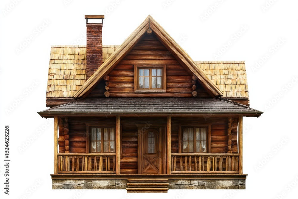 Charming wooden cabin with a rustic porch nestled in a serene forest setting at dusk isolated on transparent background Charming wooden cabin with a rustic porch nestled in a serene forest setting at dusk isolated on transparent background