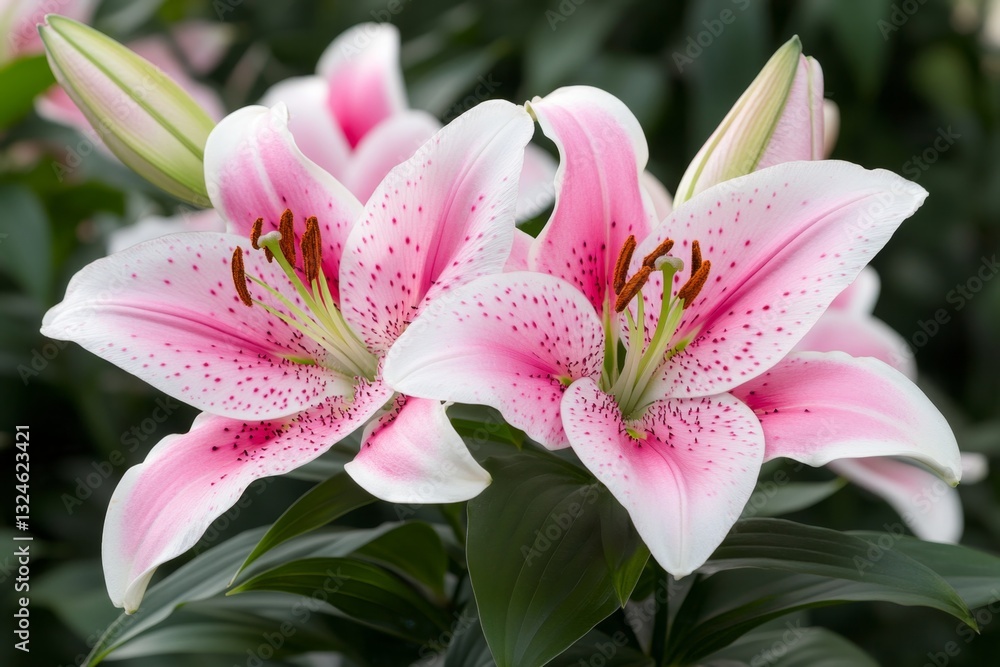 A close-up of a stargazer lily, its pink and white petals opening under soft natural light A close-up of a stargazer lily, its pink and white petals opening under soft natural light