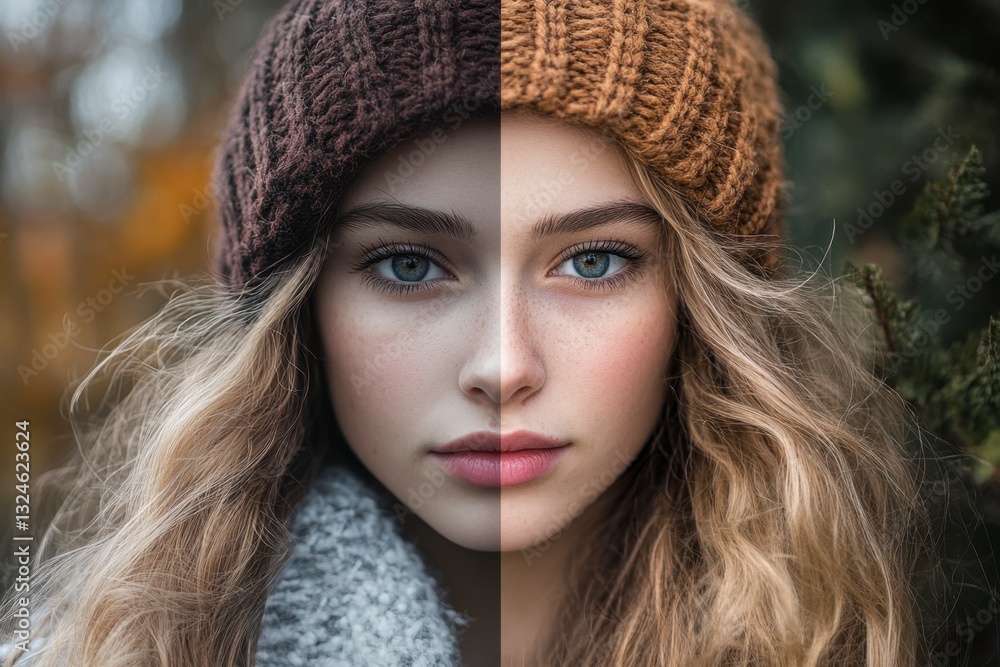 Portrait of a Young Woman with Heterochromia, Two Hats: Half Brown, Half Tan; Natural Beauty Portrait of a Young Woman with Heterochromia, Two Hats: Half Brown, Half Tan; Natural Beauty
