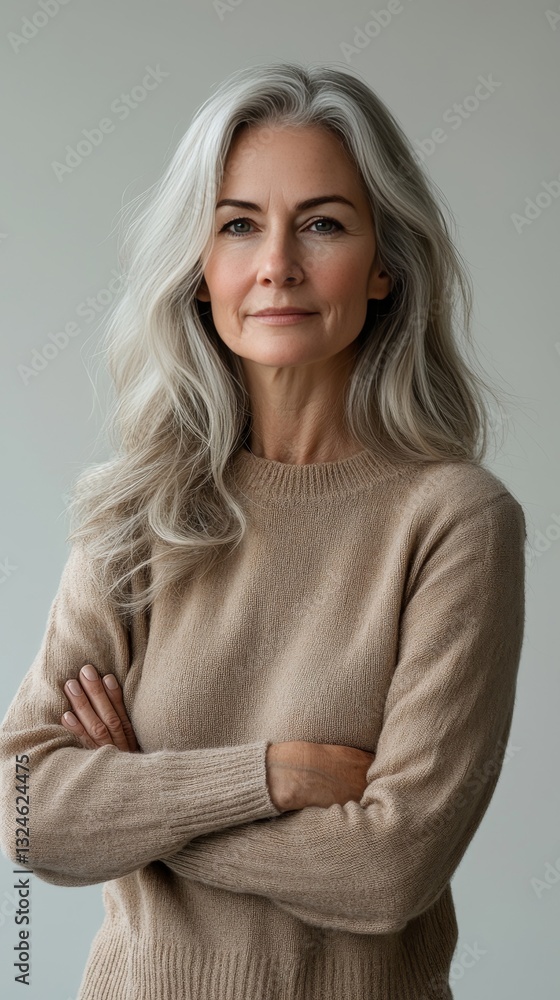a mature woman with silver gray hair stands confidently with arms crossed, exuding an aura of strength and grace. Her soft smile suggests warmth and wisdom gained through life experiences. a mature woman with silver gray hair stands confidently with arms crossed, exuding an aura of strength and grace. Her soft smile suggests warmth and wisdom gained through life experiences.