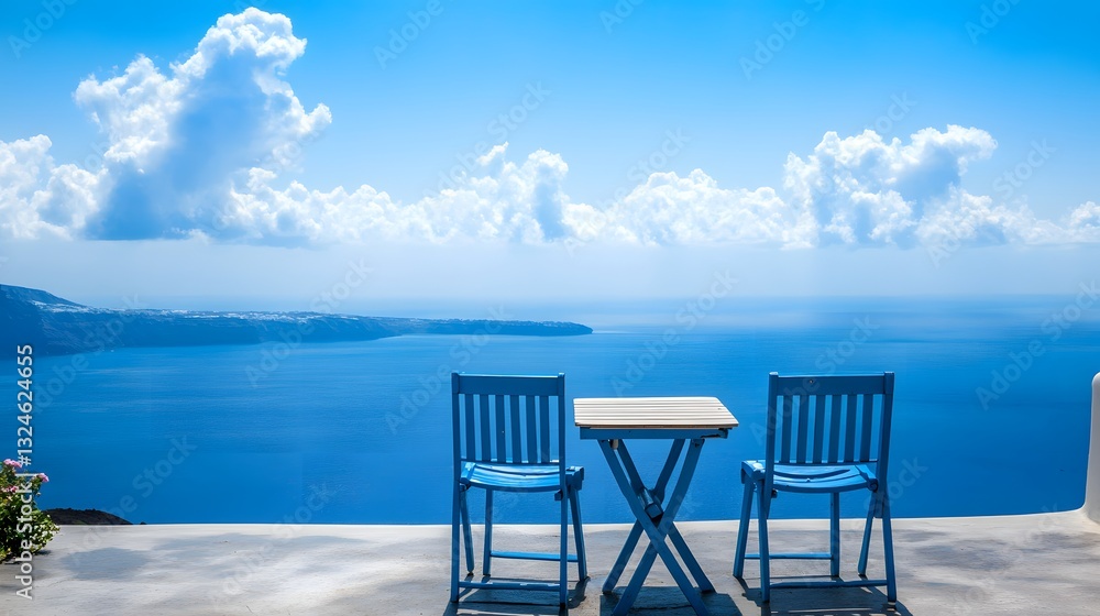 Obraz premium Santorini Greece Scenic View with Blue Chairs and Table