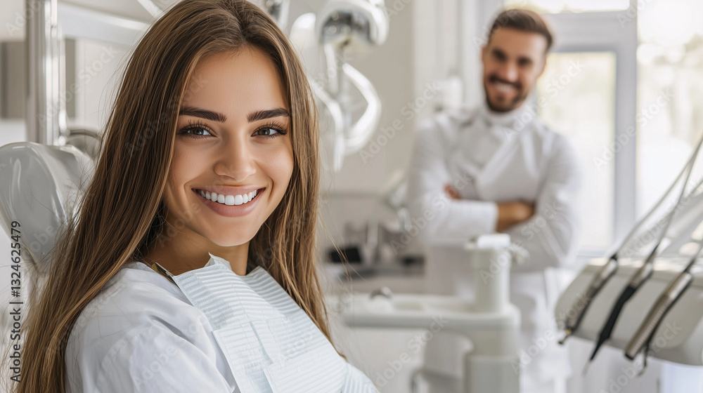 Dentist with a patient, both smiling, surrounded by advanced dental tools in a bright clinic. Dentist with a patient, both smiling, surrounded by advanced dental tools in a bright clinic.