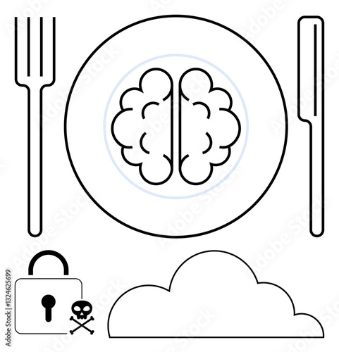 Brain served on a plate with fork and knife, padlock with skull, and cloud symbolizing technology, data consumption, privacy risks, and ethical implications. Ideal for tech, data security, ethics