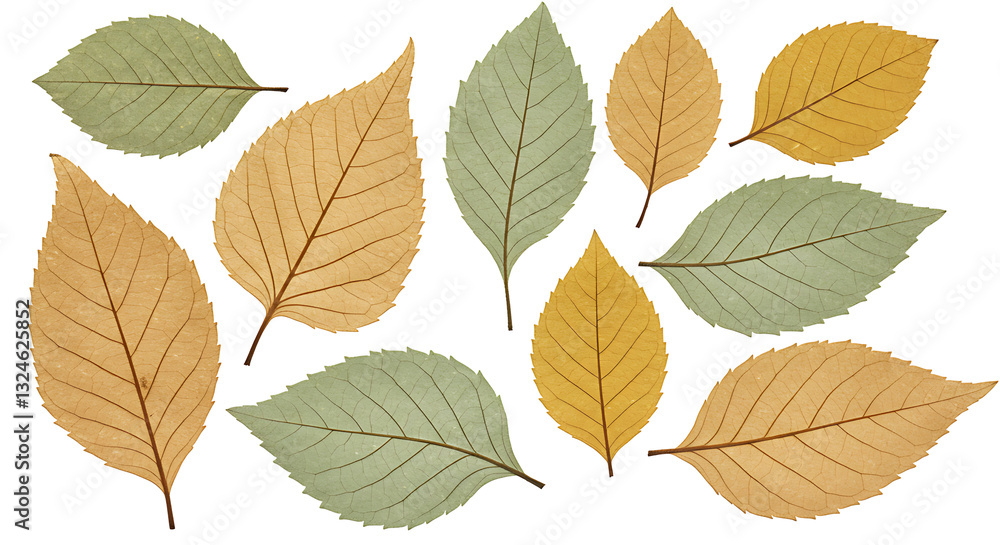 Collection of autumn leaves in earthy green and golden hues, arranged on a transparent background for seasonal design projects. leaves png. leaf png. Collection of autumn leaves in earthy green and golden hues, arranged on a transparent background for seasonal design projects. leaves png. leaf png.