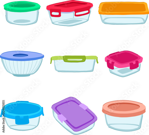 glass food storage container set cartoon vector illustration