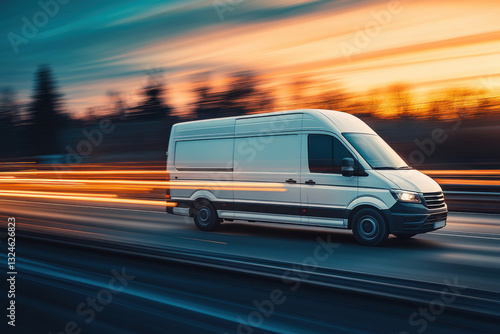 White delivery van driving fast on road. Transportation vehicle moving on the street with sunset sky. Fast cargo delivery.