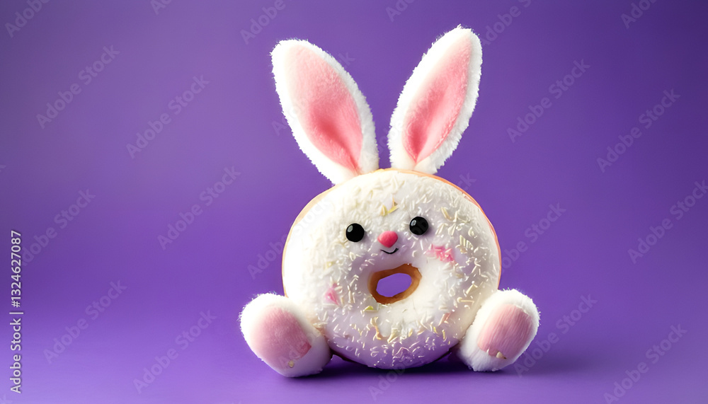 Fototapeta premium bagel, donut, like, a, rabbit, bunny, easter, white, in, the shape, of, minimal, card, design, on, solid, violet, background, teddy, bear, toy, animal, holiday, hare, cartoon, pink, egg, spring, eggs,
