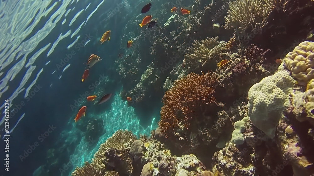 Obraz premium Colorful fish swim near coral reef under the ocean surface