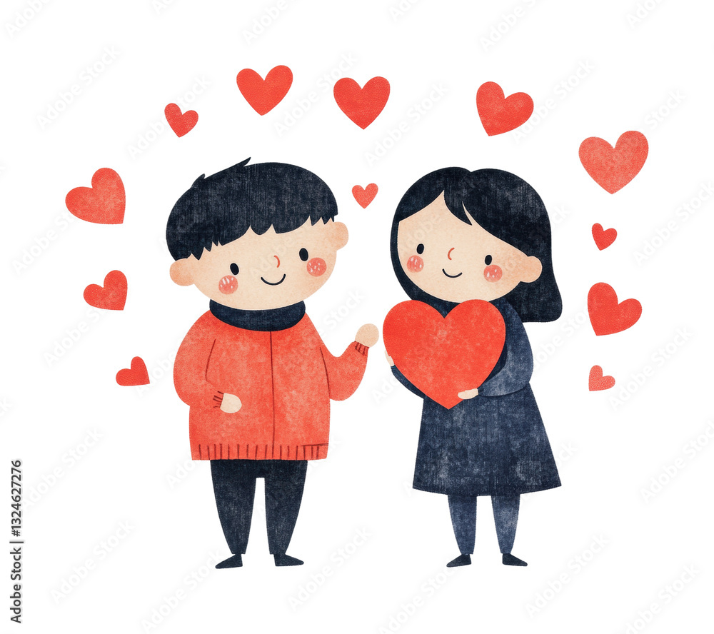 Cute couple holding heart with floating hearts - cartoon illustration of young asian male and female, cut out Cute couple holding heart with floating hearts - cartoon illustration of young asian male and female, cut out
