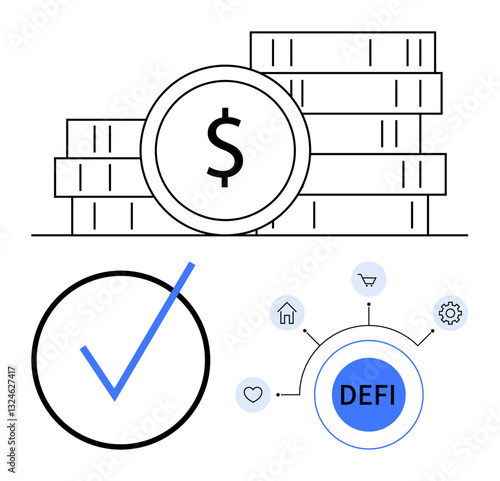 Stacked coins represent financial value. Circular defi network links key concepts thumbs up shopping, home, and logistics. Blue checkmark indicates secure transactions. Ideal for fintech