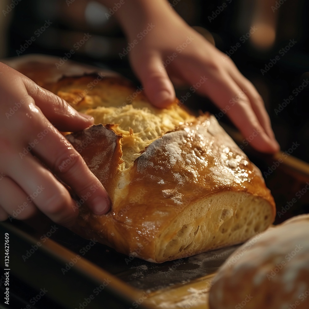 Freshly baked bread being placed on tray, showcasing golden crust and soft interior. warm, inviting aroma fills kitchen, creating cozy atmosphere Freshly baked bread being placed on tray, showcasing golden crust and soft interior. warm, inviting aroma fills kitchen, creating cozy atmosphere