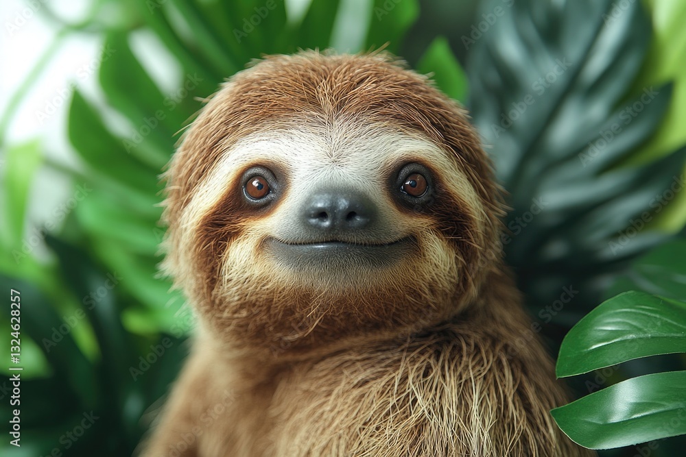 Fototapeta premium Adorable Sloth Smiles Amidst Lush Green Foliage