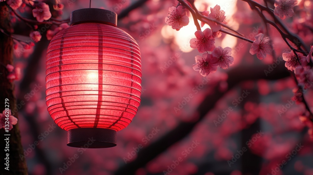 Fototapeta premium Red lantern hanging among blossoming cherry trees at dusk. Chinese New Year, Lunar New Year, Spring Festival, Chunjie - Asian Cultural Celebration, Eastern Calendar Holiday