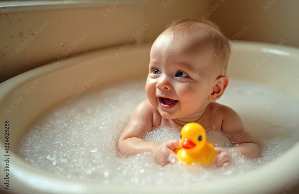 Cute baby joyfully bathes in bathtub with water and bubbles. Adorable toddler holds yellow rubber duck toy, curiously explores world, feeling happiness, pleasure, hygiene. Innocence, fun in childhood. Cute baby joyfully bathes in bathtub with water and bubbles. Adorable toddler holds yellow rubber duck toy, curiously explores world, feeling happiness, pleasure, hygiene. Innocence, fun in childhood.