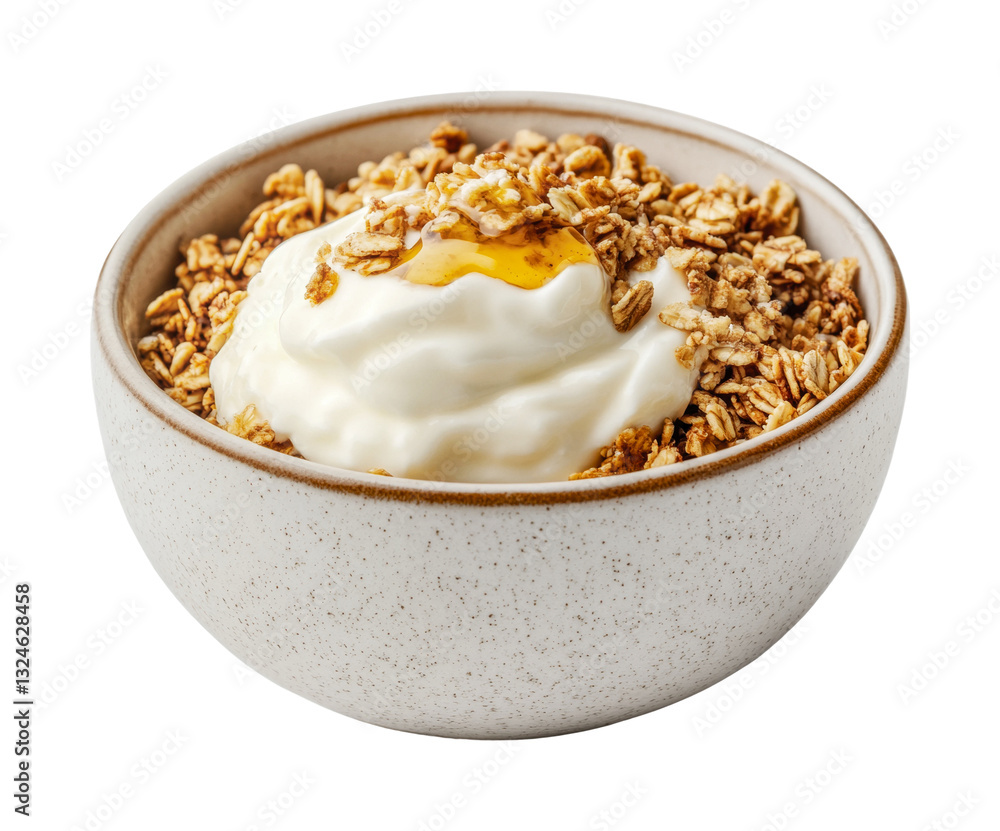 Delicious bowl of yogurt with crunchy granola and honey drizzle, cut out Delicious bowl of yogurt with crunchy granola and honey drizzle, cut out