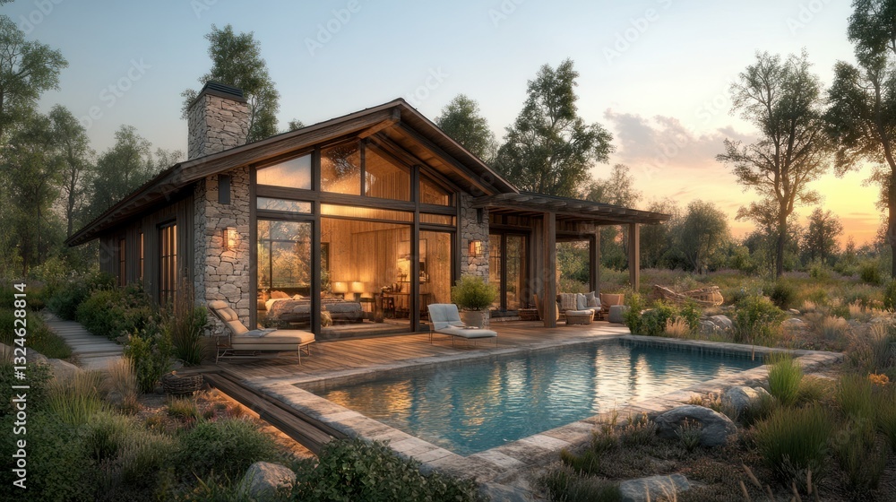 Sunset view of modern rustic home with pool Sunset view of modern rustic home with pool