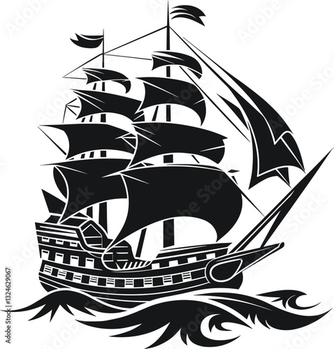 Sail ship vector icon, pirate boat or frigate vector illustration.